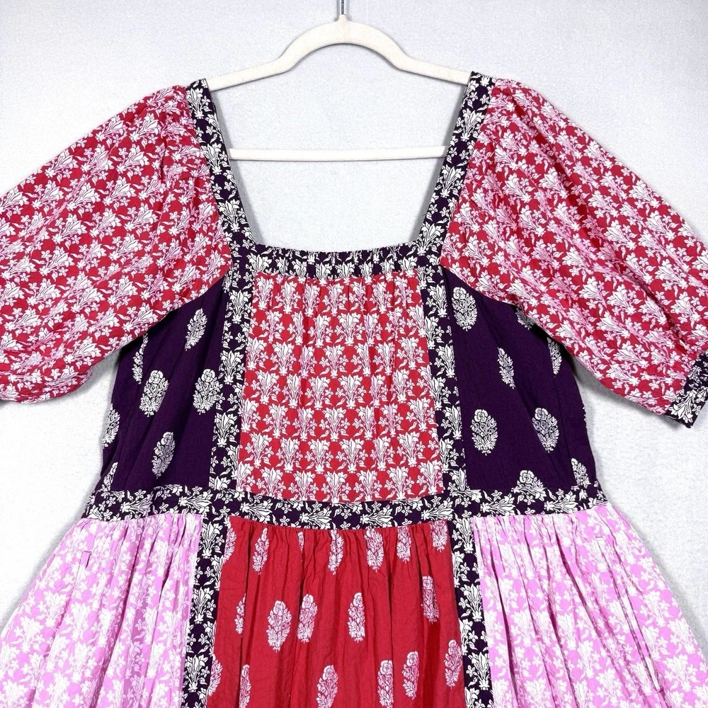 Maeve Dress‎ Womens XS Patchwork Square Neck Tape Detail Midi Peasant Cottage